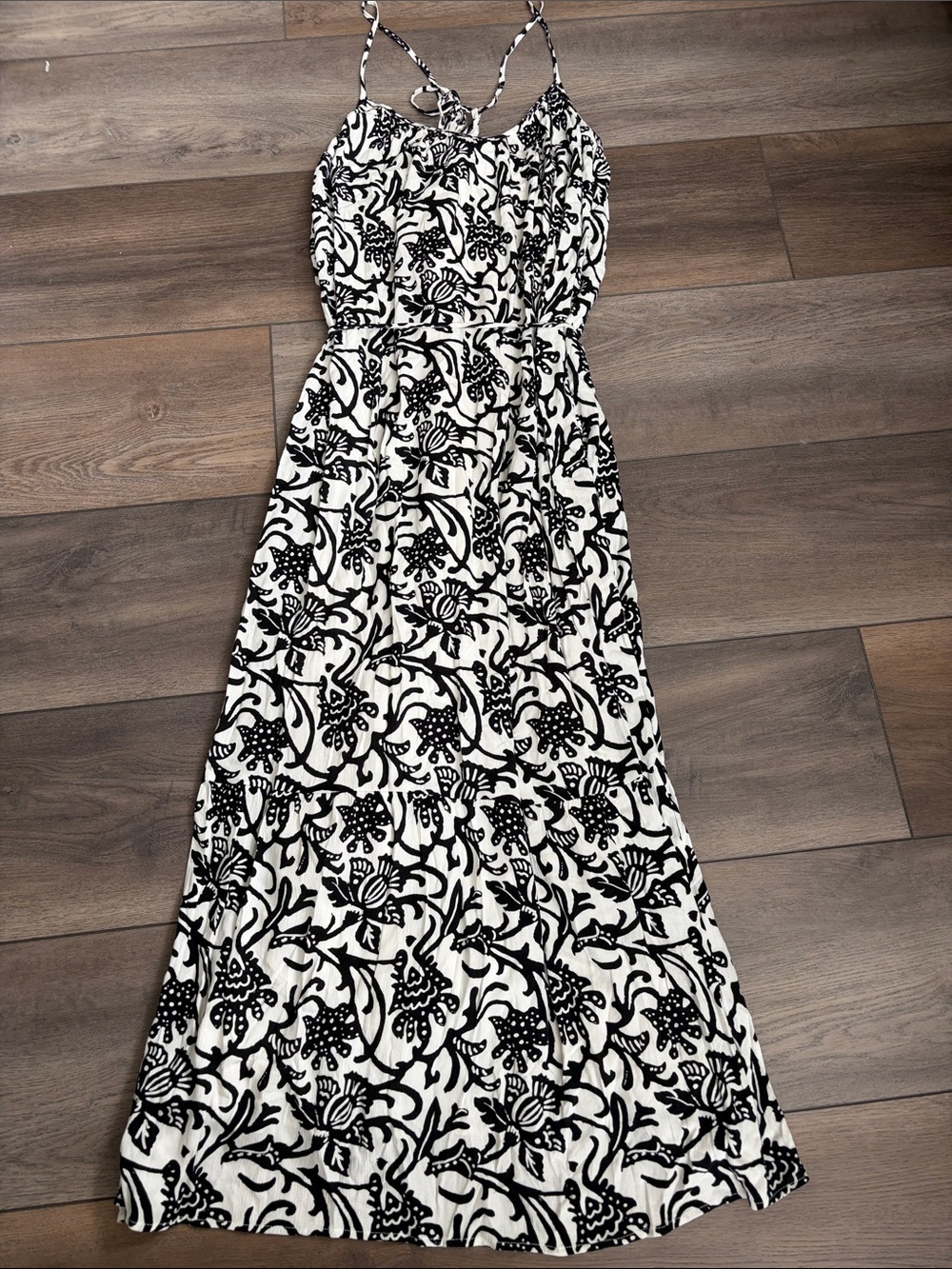 Black & Cream Floral Maxi Dress - Lightweight Summer Straps